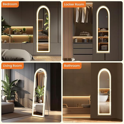 Sweetcrispy Full Length Mirror with LED Lights, 60"x16" Lighted Floor Mirror with Dimming & 3 Color Lighting, Stand for Bedroom, Dressing Room, Arched
