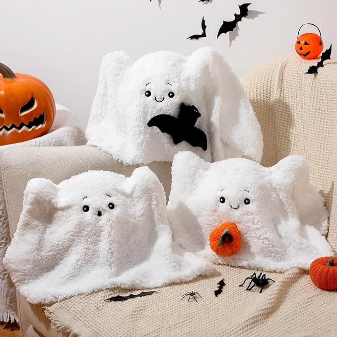 3 Pcs Halloween Pillows Ghost Decorative Throw Pillow with Pumpkin Pillow Cute Ghost Decor Halloween Ghost Throw Pillow with Bat Halloween Room Decor for Halloween Party, 14 x 9 Inches