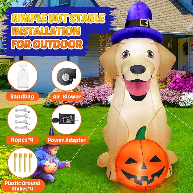 5Ft Halloween Inflatables Decorations Outdoor Vivid Lab Dog with Build-in Bright LED Blow Up Yard Decoration with Witch Hat Halloween Decorations Outdoor for Holiday Party Indoor Garden Lawn Home