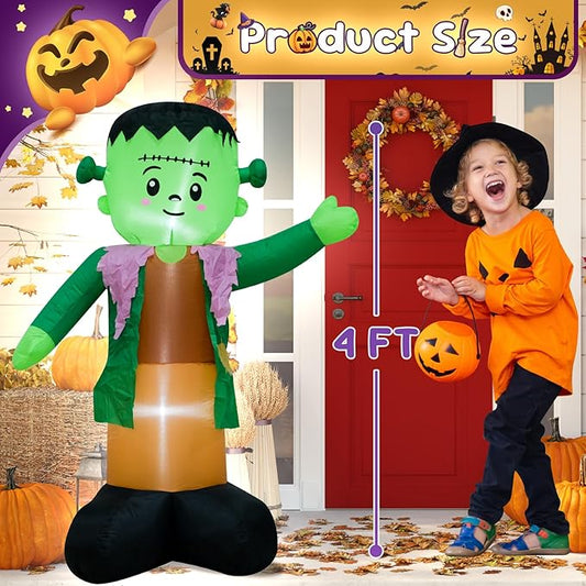 4FT Green Ghost Halloween Inflatable Decor Halloween Parties Holiday Decor Blow Up Decoration with LED Lights Indoor Outdoor Yard Graden Inflatable Decor
