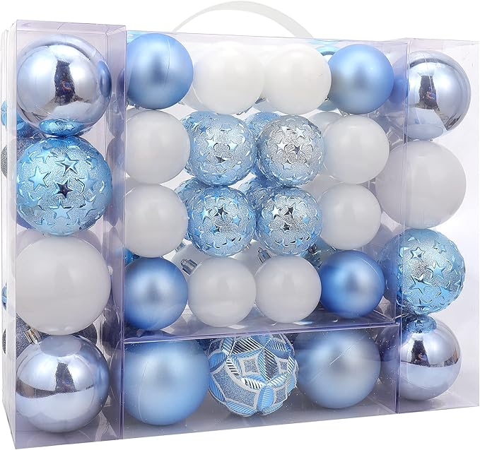 87ct Christmas Ball Ornaments Set Shatterproof Seasonal Hanging Decorations with Reusable Hand-held Gift Package for Xmas Tree Holiday Party and Home Decor, Airy Blue