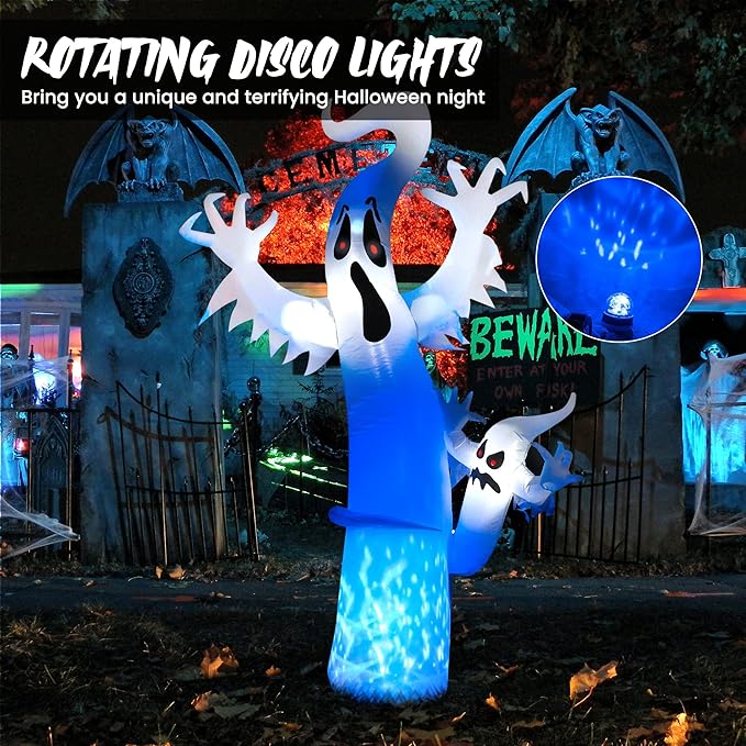 Toodour 8 FT Halloween Inflatables Outdoor Decorations Ghost - Blow Up Yard Decorations for Halloween Party, Built-in Blue LED Disco Lights, Inflatable Ghost Decor for Outdoor Garden Yard Holiday