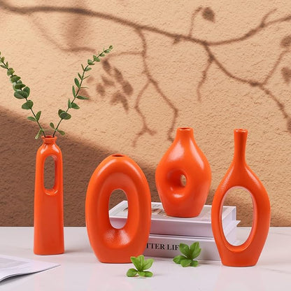 Orange Ceramic Vase Set of 4, Home Decor Circle Hollow Vases for Pampas Grass, Modern Decorative Flowers for Living Room, Office, Mantel, Entryway, Table Centerpieces