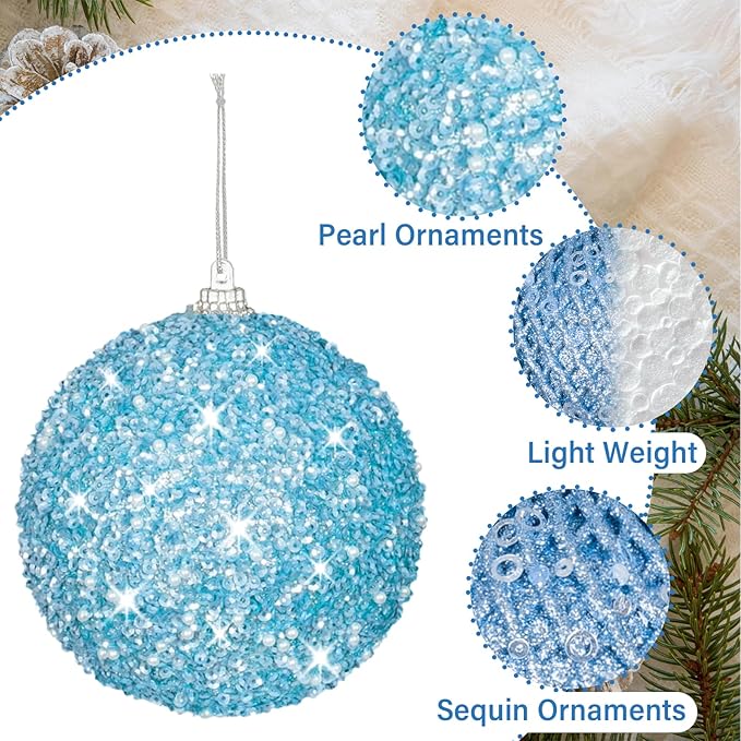 6pcs 3.94" Christmas Ball Ornaments Glitter Shatterproof Christmas Tree Ornaments Sequin Xmas Hanging Balls Decorations for Wedding Party Holiday(Light Blue)
