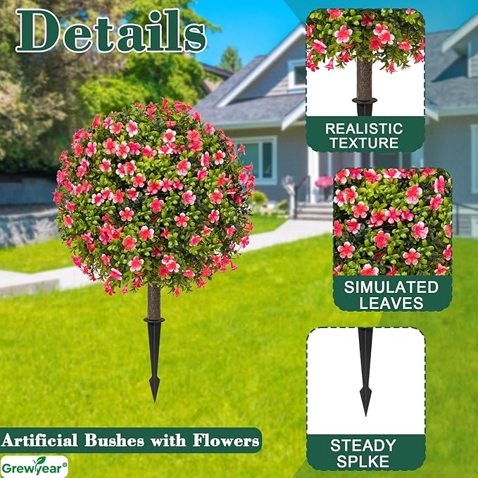 Artificial Topiary Ball with Ground Spike Set of 2, Faux Boxwoods for Outdoor Planters, UV Resistant Artificial Outdoor Plants for Porch, Fake Bushes Round Flower Shrub with Pink Lilac