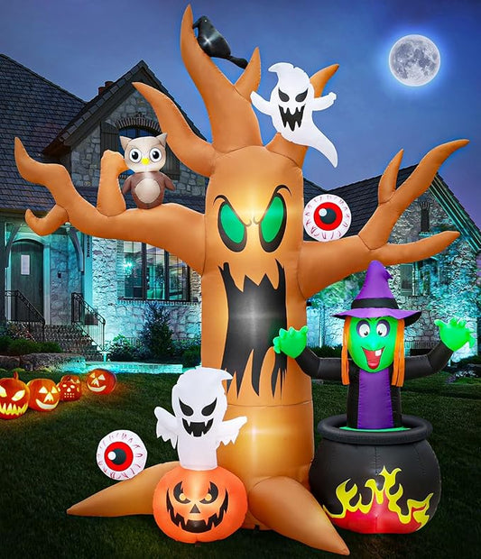 8FT Halloween Inflatables Tree Outdoor Decor with Inflatable Ghost Witch Pumpkins Blow Up Yard Decorations with LED Lights Owl Eyeballs Outside Lawn Party Decor