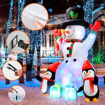 6ft Christmas Inflatables Outdoor Decorations Embrace Snowman and Penguins Built-in Colorful Rotating Led Lights Blow Up Snow Man Wear Magic Hat Yard Decor for Party Indoor Garden Lawn Xmas