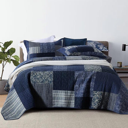 mixinni Navy Blue Quilt Set Queen Size, 100% Cotton Farmhouse Patchwork Plaid Floral Bedding Set, 3-Piece Reversible Lightweight Bedspread Coverlet Set for All Season (88"x92")