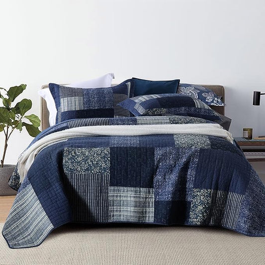 mixinni Navy Blue Quilt Set King Size, 100% Cotton Farmhouse Patchwork Plaid Floral Bedding Set, 3-Piece Reversible Lightweight Bedspread Coverlet Set for All Season (106"x92")