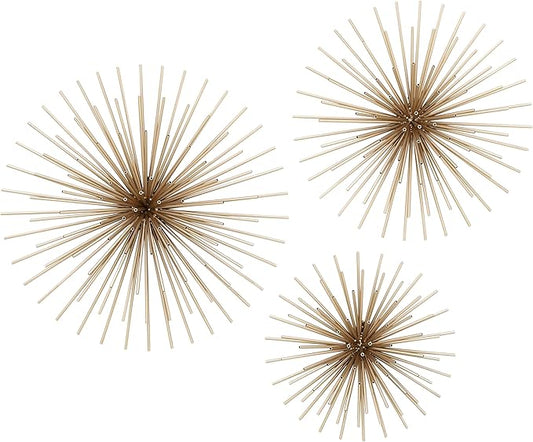 Deco 79 Metal Starburst Home Wall Decor 3D Wall Sculpture, Set of 3 Wall Art 16", 20", 24"D, Gold