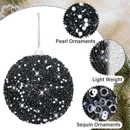 3.15" Christmas Ball Ornaments Glitter Shatterproof Christmas Tree Ornaments Sequin Xmas Hanging Balls Decorations for Wedding Party Holiday(Black)