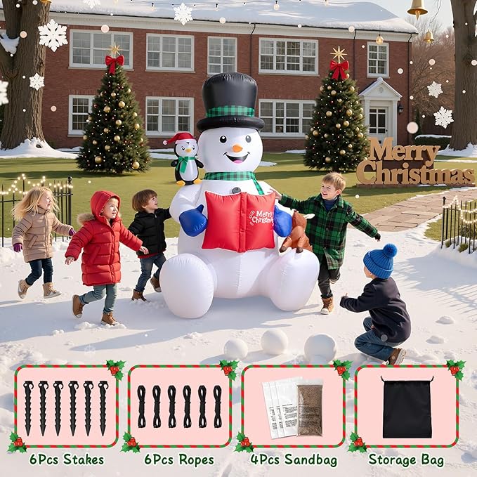 Dawdix 7 FT Christmas Inflatable Snowman Outdoor Decorations, Blow up Snowman Yard Decor Built-in Colorful Rotating LED, Penguin & Reindeer Christmas Decoration, Xmas Holiday Decor for Garden Lawn