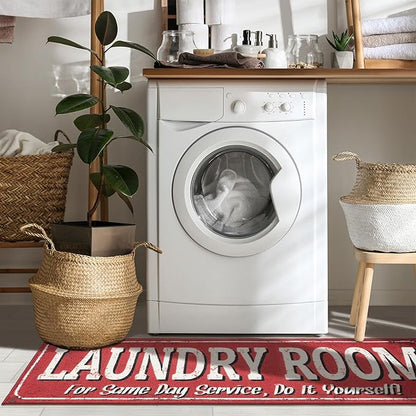 Ottomanson Laundry Collection Non-Slip Rubberback Laundry Text Design 2x5 Laundry Room Runner Rug, 20" x 59", Red