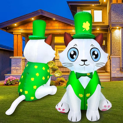 5Ft St. Patrick's Day Inflatable Outdoor Decoration Blow Up Cute Cat Wearing Lucky Shamrocks Hat with LED Lights St Patricks Day Decorations Yard Garden Lawn Home Party Indoor