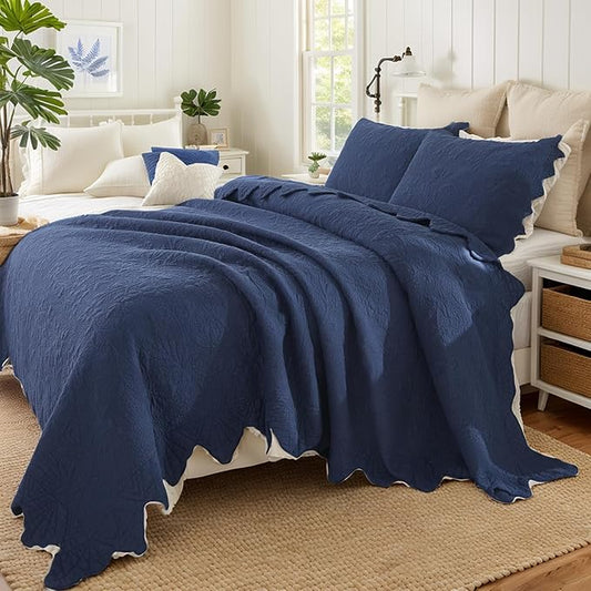 Brandream Queen Size Quilt Set Cotton Navy Blue Farmhouse Florals and Vines Matelasse Coverlet Set Scalloped Edge Quilts 3-Piece