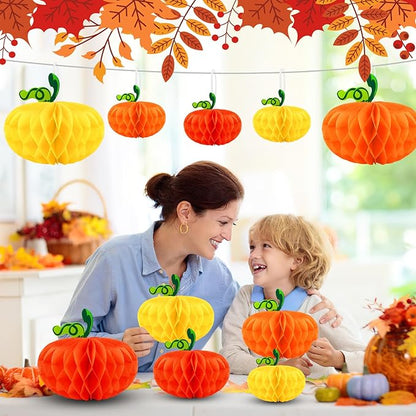 15PCS Pumpkin Honeycomb Decorations, Orange Red Yellow Honeycomb Fall Hanging Ornaments for Autumn Thanksgiving Party Favor Supplies