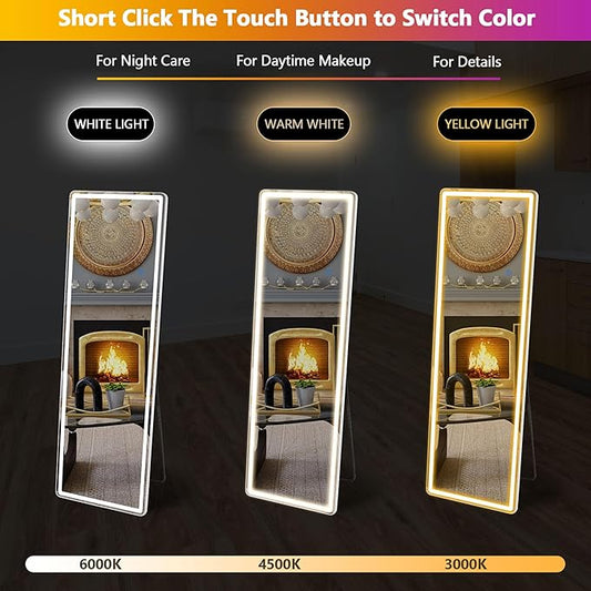 Sweetcrispy 64"x21" Mirror Full Length Standing Mirror with LED Lights, Lighted Floor Mirror with Stand, w/Dimming & 3 Color Lighting, Wall Mirror Full Length Aluminum Alloy Thin Frame, White