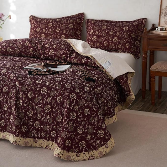 mixinni Red Floral Print King Size Quilt Set Soft Cotton Double-Laye Retro Rose Pattern Quilt Bedding Set Farmhouse Bedspread Coverlet Sets, 3-Pieces Including Pillow Shams (106x96 Inches)