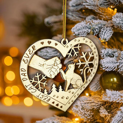 Best Cat Dad Ever Wooden Ornament - Cat & Dad Fist Bump Heart-Shaped Holiday Decoration - 2024 Kitten Christmas Ornament
