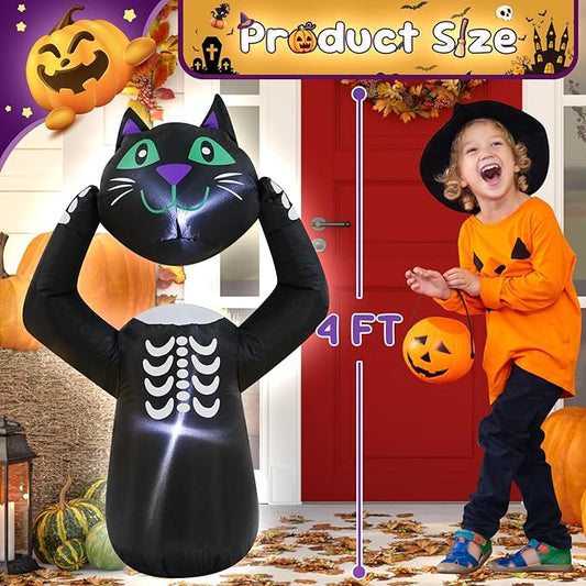 4FT Cat Holding Its Own Head Halloween Inflatable Decoration Blow Up Decor with LED Lights Indoor Outdoor Yard Graden Halloween Party Holiday Decoration