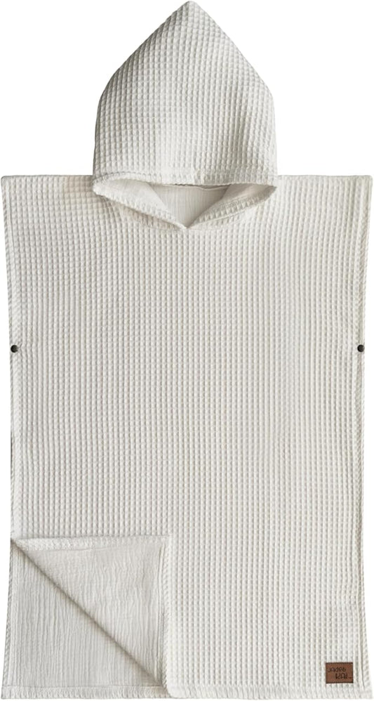 Hooded Towel for Babies + Toddlers | Snaps into a Poncho | Organic Cotton Waffle | Lighweight and Absorbent | Bath, Beach, and Pool | Multiple Colors (Small (0-3 Yrs), Lily White)