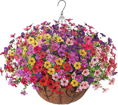 Artificial Fake Hanging Plants Flowers with Basket Outdoor Decor Faux Silk Dasiy Flower Arrangements in Pot Planter for Porch Home Indoor Patio Garden Yard Decoration