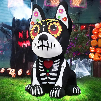 4FT Halloween Inflatables Dia de Los Muertos Dog Outdoor Decorations Blow Up Yard Colorful Skull Dog with Built-in LEDs for Indoor Party Garden Lawn Decor