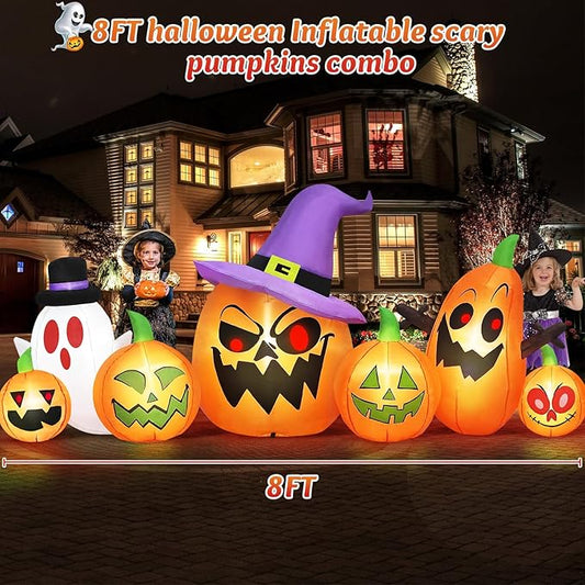 Danxilu 8FT Long Halloween Inflatables Outdoor Decorations, Haunted Inflatable Pumpkins with Witch Hat & Ghost Combo Blow Up Yard Decoration Built-in LEDs Lighted for Lawn Garden Outside Indoor Decor