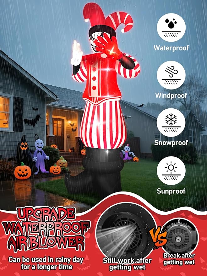 12FT Giant Halloween Inflatable Decoration, Kalolary Red Costume Scary Clown Blow Ups with Built-in LED Lights Large Huge Scary Clown Inflatable for Halloween Party Lawn Garden Outdoor Yard Decoration