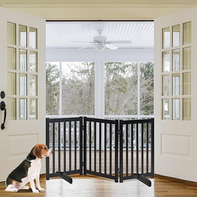 LZRS Solid Hardwood Freestanding Pet Gate,Wooden Dog Gates for Doorways,Nature Wood Dog Gates for The House,Dog Gate for Stairs,Freestanding Indoor Gate Safety Fence,Black,30" Height-3 Panels