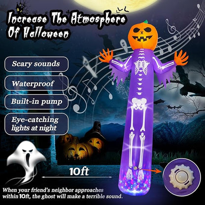 12FT Halloween Inflatable with Scary Music and Build-in LEDs, Giant Pumpkin Halloween Outdoor Decoration, Blow Up Pumpkin Skeleton Decoration for Home Family Party Holiday Yard Lawn Garden