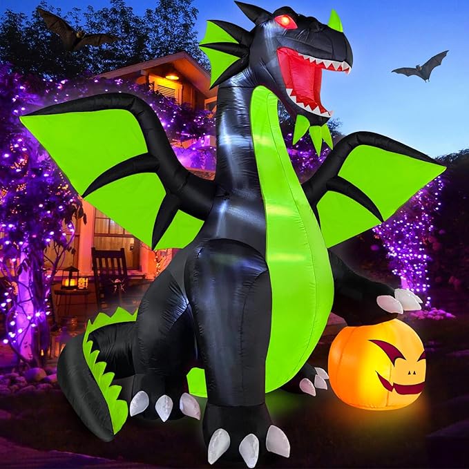9FT Tall Halloween Inflatables Decorations Outdoor Large Scary Blow Up Pumpkin Dragon, Giant Funny Spooky Light Up Blowups Decor Huge Cute Happy Trick or Treat Outside, Indoor, Entrance, Lawn