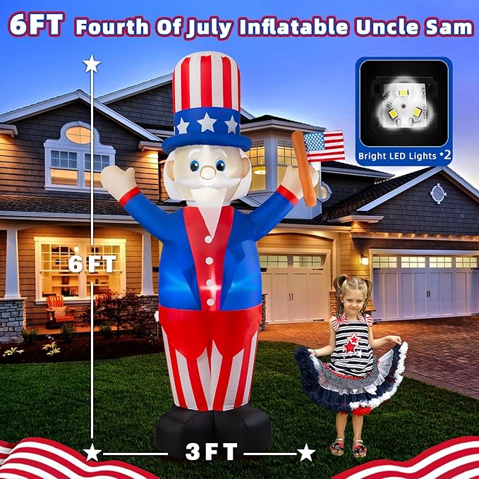 4th of July Inflatable Uncle Sam Decorations, 6FT Fourth of July Decorations Patriotic Independence Day Inflatable Built-in LED Lights for Memorial Day Celebrations Outdoor Yard Garden Decor