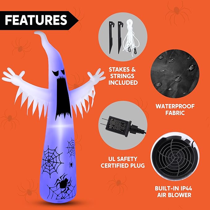Joiedomi 12 FT Halloween Inflatables Giant Ghost Outdoor Decorations, Halloween Blow Up Ghost Yard Decorations with 3-Colored Flashing Flame Light for Lawn Party Scary Decor