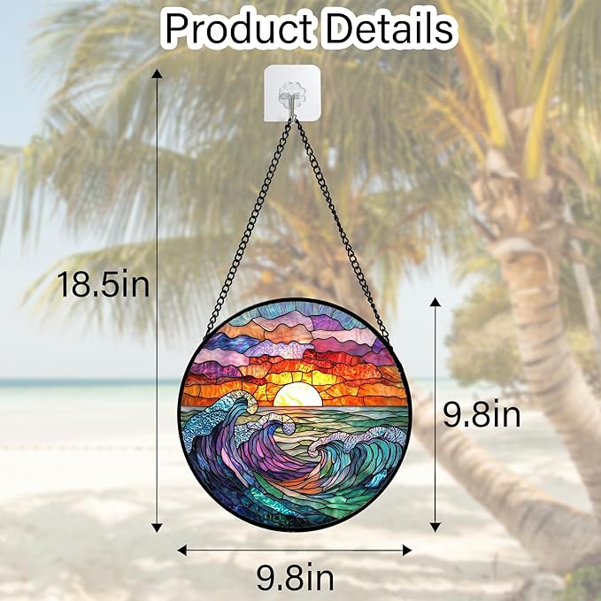 Stained Glass Window Hanging, Clouds and Sea Waves Suncatcher Diamond Glass Panel Hangings Scenery Sun Catchers Decor for Birthday for Women, Men, Wife, Aunt, and Mom 9.8 in