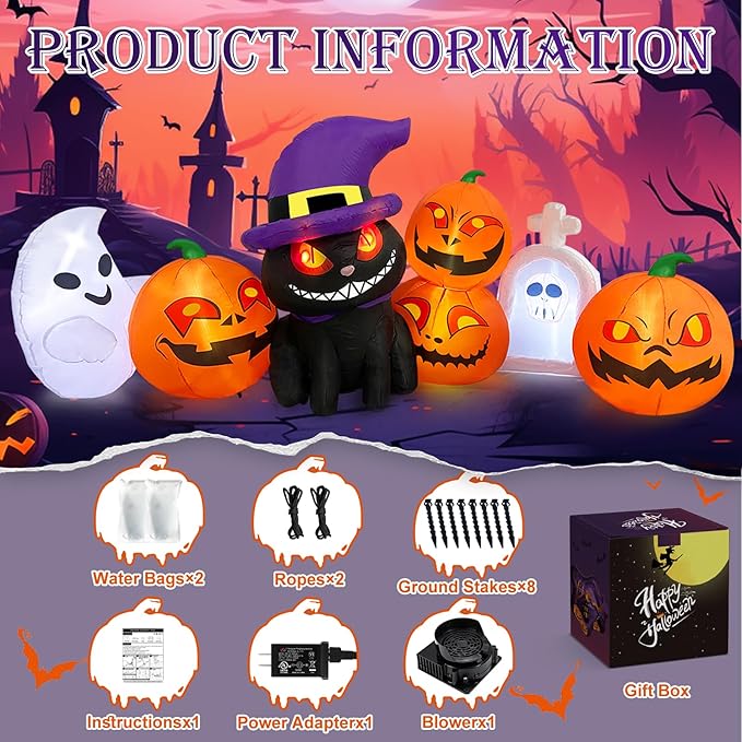 MICOCAH Halloween Inflatables Outdoor Decorations 8 FT Long Funny Pumpkin Black Cat Blow Up Lanterns Built-in LED Lights with Ghost Tombstone Scary Yard Decoration for Holiday Party Outside Lawn