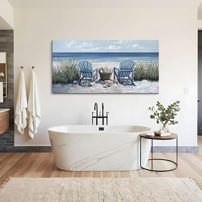 HGUAOA Coastal Wall Art - Large Landscape Wall Paintings for Living Room, Bedroom Pictures, Ocean Beach Artwork, Blue Wall Art, Above Bed Decor, Coastal Landscape Wall Art, Beach Pinting