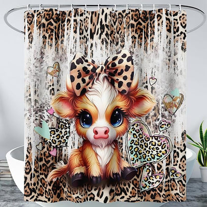 AILONEN Cartoon Yak Shower Curtain Set, Kids Leopard Print Love Yak Waterproof Fabric Shower Curtain for Bathroom Decor,Bow Tie Yak Cloth Bath Curtain Set with Plastic Hooks,72" Wx72 H