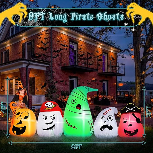 B&D 8FT Long Halloween Inflatables Ghost Outdoor Decorations, 5 Pirate Ghosts Inflatable Halloween Decorations with Color Changing RGB Lights Halloween Blow Ups for Party, Garden, Yard, Lawn Decor