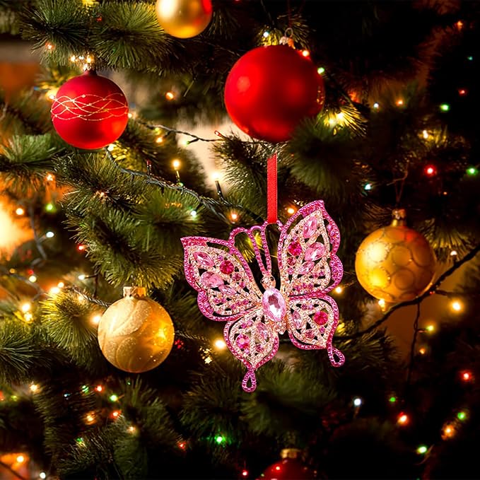 PETCEE Pink Butterfly Christmas Ornaments - 2025 Butterfly Hanging Ornaments for Christmas Tree Decorations Pink Keepsake Gifts for Girls Friends Daughter Sister Mother Granddaughter Grandma