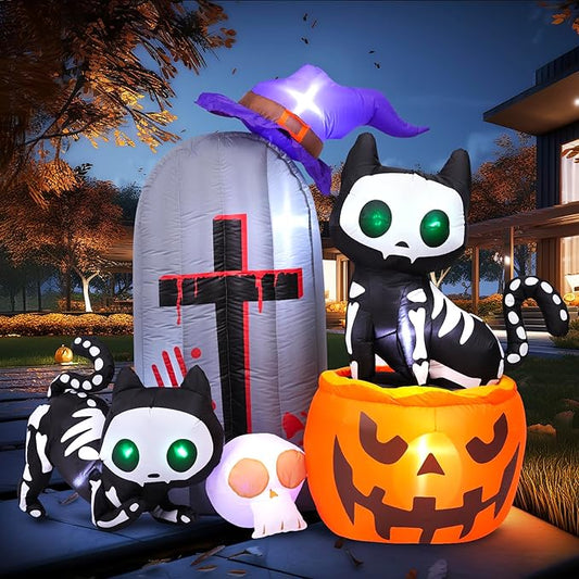 Max Fun 6FT Halloween Inflatables Skeleton Cat Pumpkin with LED Build-in Yard Decoration Blow Up Inflatables for Outdoor Indoor Garden Lawn