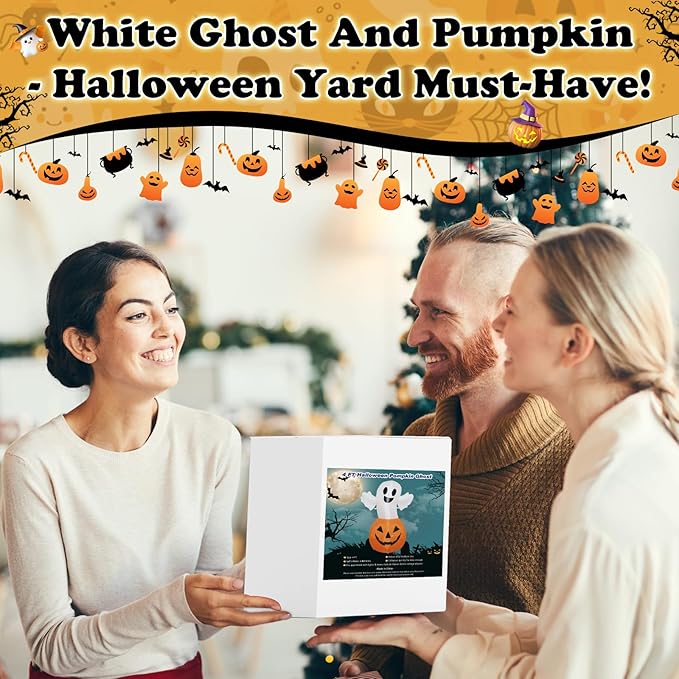 TRMESIA 4FT Halloween Inflatable Decor White Ghost Pumpkin with LED Lights Indoor Outdoor Blow Up Decoration Halloween Party Holiday Decoration
