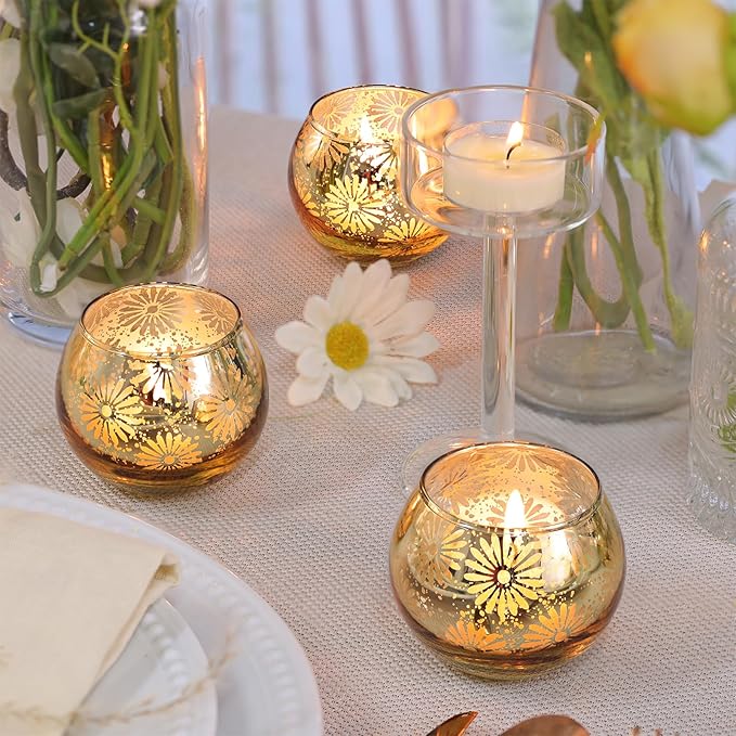 Gold Mercury Glass Votive Candle Holders Set of 12, Round Tealight Candle Holders Bulk for Table Centerpieces, Weddings, Shower Gifts, Party Decorations
