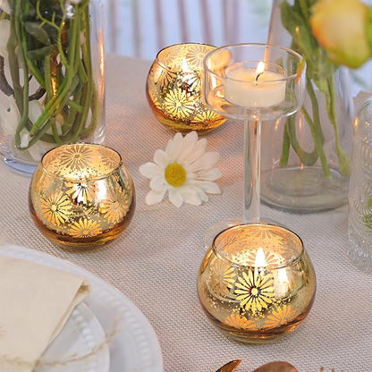 Gold Mercury Glass Votive Candle Holders Set of 12, Round Tealight Candle Holders Bulk for Table Centerpieces, Weddings, Shower Gifts, Party Decorations