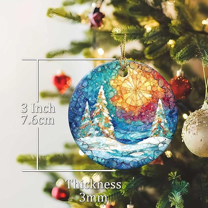 Happy Winter Ornaments Snow Pine Round Ceramic Stained Glass Style Hanging Ornament Christmas Keepsake Decor for Xmas Tree Winter Holiday Xmas Gift for Women Men 3"