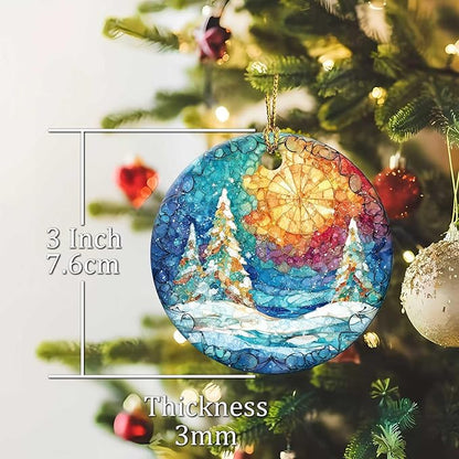Happy Winter Ornaments Snow Pine Round Ceramic Stained Glass Style Hanging Ornament Christmas Keepsake Decor for Xmas Tree Winter Holiday Xmas Gift for Women Men 3"