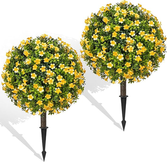 Artificial Topiary Ball Trees with Spike Set of 2, Fall Faux Boxwood Plants for Outdoor Planters, UV Resistant Artificial Outdoor Shrubs, Fake Bushes for Porch, Garden, Patio Decor