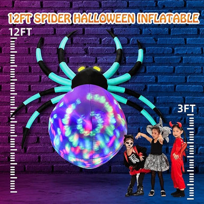 12Ft Halloween Inflatables Decorations Spider Built-in 7-Colors Changing LED Lights, Giant Blow ups Yard Decorations Outdoor with Colorful Rotating Lights & Glowing Eyes for Garden Lawn（Cyan）