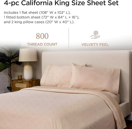Threadmill California King Size Sheets | 800 Thread Count Jacquard Celine Light Beige | 4 Piece Striped Bed Sheets | Extra Long Staple Cotton sheets | Luxury Damask Sheets with Elasticized Deep Pocket