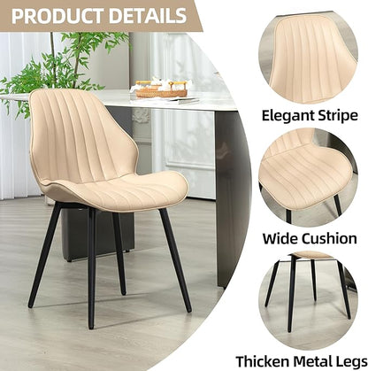 Finnhomy Dining Chairs Set of 2, Mid-Century Modern Upholstered Dining Chairs, Armless Faux Leather Accent Chairs with Backrest, Living Dining Room Chairs with Metal Legs for Dining Room, Khaki